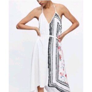 ZARA Combined Asymmetric Halter V-Neck Dress Rose Print Black/White/Red Sz S